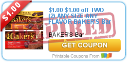 $1.00 off TWO (2) ANY SIZE ANY FLAVOR BAKER'S Bar